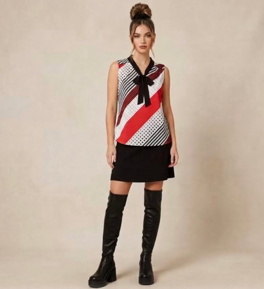 Vintage Y2K New York & Co Bow Tie Red Black Striped Polka Dot Mod Sleeveless Top